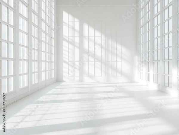 Obraz Bright white interior with large windows and rule of thirds composition, with space for text above