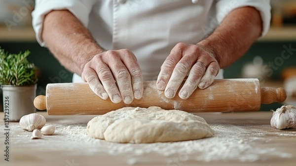 Obraz A chefs hands rolling out homemade pasta dough  on a wooden table for delicious meal preparation
