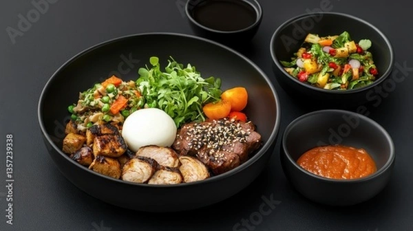 Fototapeta A chefs table experience featuring a curated smor ec805232-9e63-4b35-8346-423f7d464c1f 2-standard v2-6x showcasing exquisite culinary presentation and artistry in a black bowl