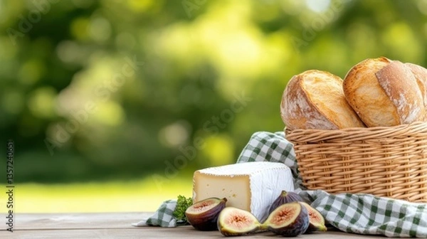 Obraz A classic french picnic with crusty baguettes a basket of bread cheese and fresh fruits on a sunny day in a beautiful outdoor setting