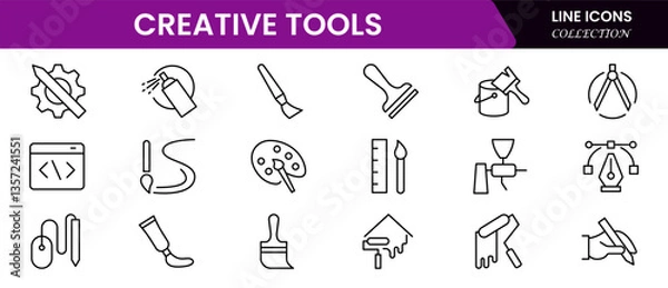 Fototapeta Creative Tools icon set Icon Collection. Includes art, blueprint, camera, canvas, color sample, and More. Outline icons vector collection.