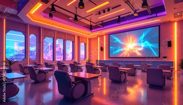 Fototapeta A Modern Presentation Room With Glowing Lights And Screen