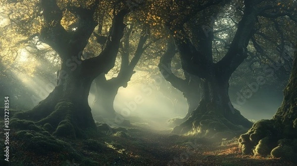 Fototapeta Ethereal newstandard in misty forest nature scene enchanted environment dreamlike viewpoint