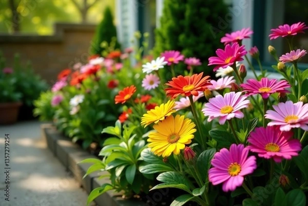 Fototapeta A vibrant collection of various flowers and plants displayed in a small garden,  botanical,  beautiful