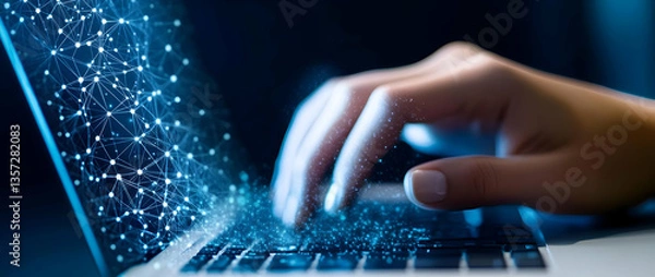 Obraz A close-up of a hand on a modern laptop keyboard, symbolizing digital innovation and connectivity in today's tech-driven world.