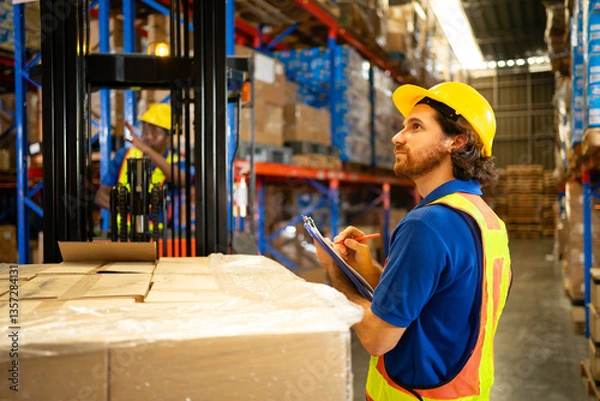 Fototapeta A warehouse worker inspects inventory with a clipboard, ensuring efficient operations and safety in a busy environment.