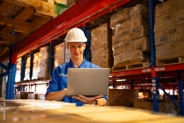 Fototapeta A warehouse worker uses a laptop to manage inventory, ensuring efficiency and safety in a modern industrial environment.