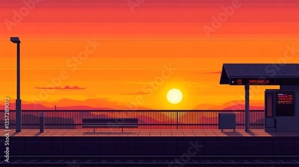 Fototapeta Sunset at a tranquil train station with mountains in the background and empty platform