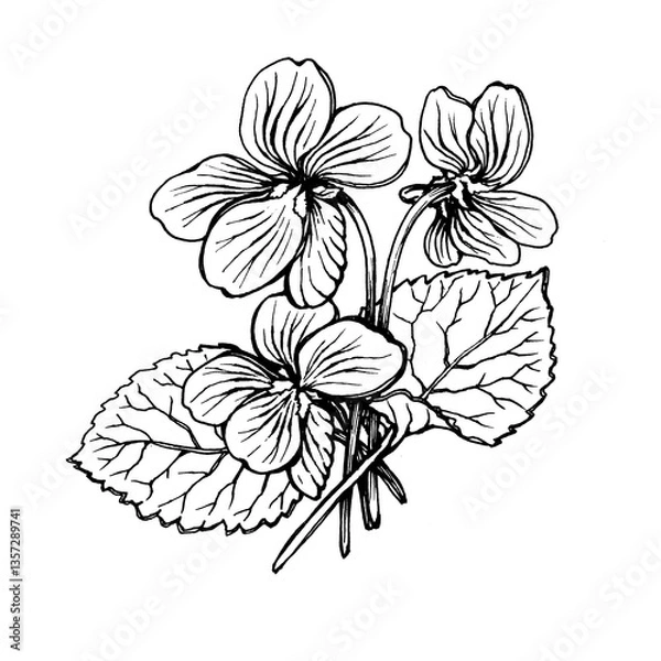 Fototapeta Spring bouquet with flowering Viola odorata (wood violet, sweet, English violet). Black and white outline illustration, hand drawn work isolated on white background