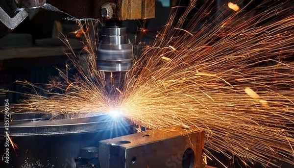 Fototapeta a piece of machinery is cutting through metal creating sparks and debris