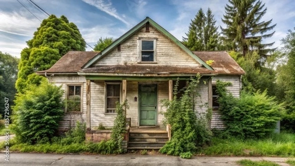 Fototapeta A weathered, abandoned house reclaimed by nature, showing signs of age and neglect, surrounded by lush green vegetation, evoking a sense of quiet solitude and forgotten memories.