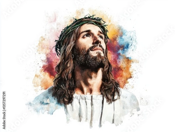Fototapeta A serene portrait of a man with long hair and a crown, symbolizing peace and hope.