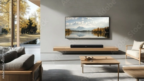 Fototapeta A contemporary living room with a wall-mounted soundbar and a large flat-screen TV displaying a tranquil lakeside view