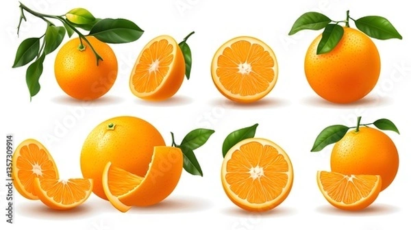 Fototapeta High-Quality Realistic PNG Image of Whole Oranges and Slices for Graphic Design Projects