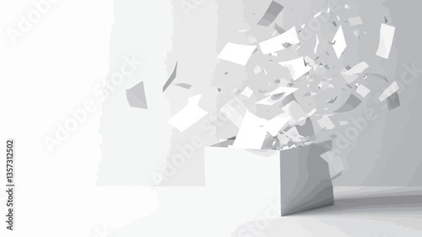 Fototapeta A digital rendering of a white cubic box with numerous small, white, irregularly shaped pieces exploding from its open top.  The pieces appear light and airy, creating a sense of movement. The