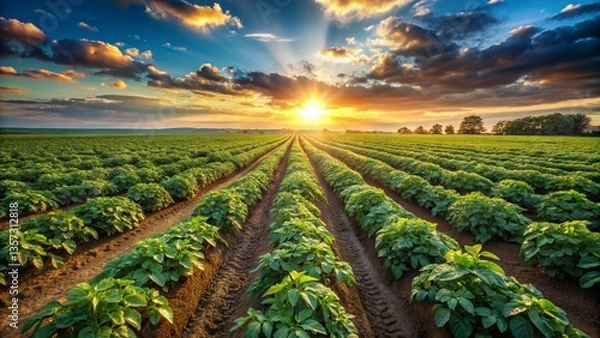 Fototapeta Panoramic View of a Lush Potato Field at Harvest Time