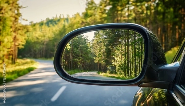 Fototapeta a close up of a car side mirror reflecting a summer forest road