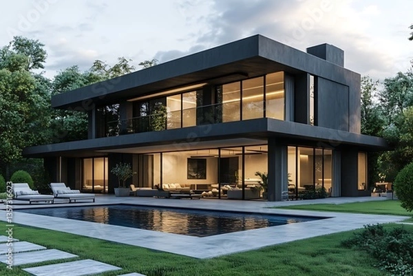 Fototapeta A modern villa with a dark concrete facade, floor-to-ceiling windows, and a spacious backyard with a pool and lounge area.