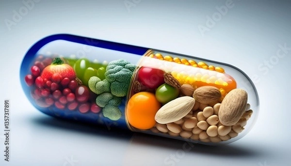 Fototapeta a capsule filled with fruit vegetables nuts and beans inside a nutrient pill food products vitamin complexes healthy lifestyle concept