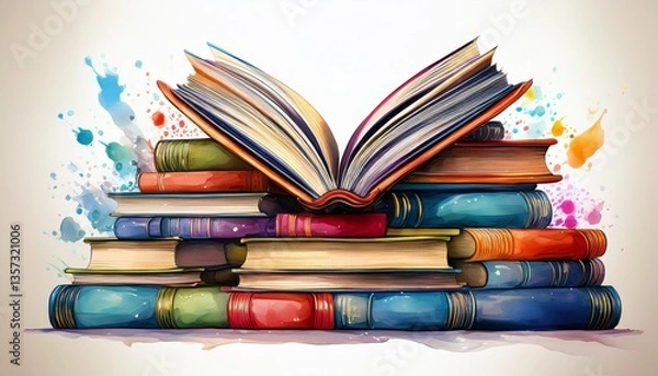 Fototapeta pile of books with one book open on a white isolated background generative ai