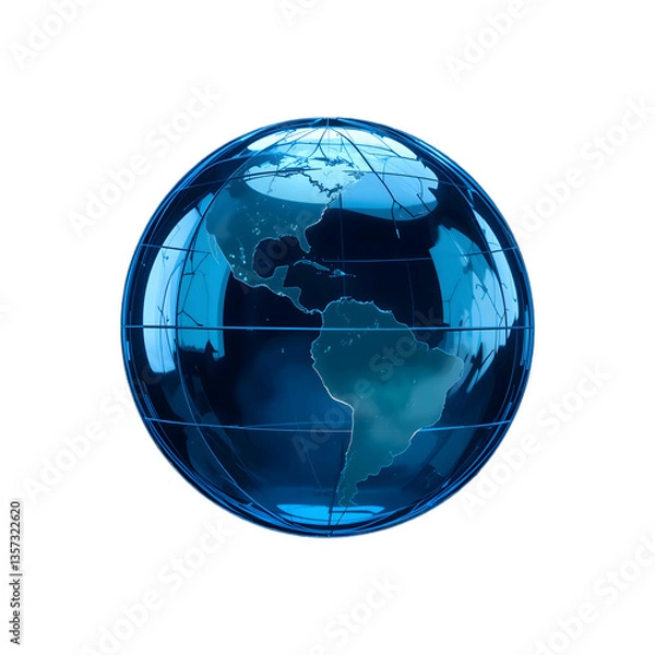 Fototapeta  A shiny blue globe icon for global apps, transparent background. 