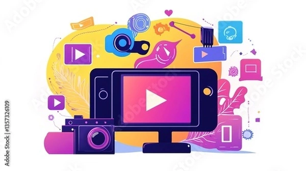 Obraz Video and podcast. Vector illustrations of multimedia, video, streaming, podcast, broadcasting, webinar, social media, shorts, communication, app. 