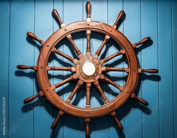 Obraz a beautifully crafted wooden ships steering wheel is displayed prominently on the wall showcasing its intricate details and maritime significance