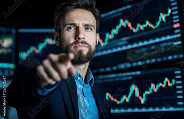 Fototapeta stock market professional confidently points financial charts displayed multiple screens, showcasing his expertise trading and analysis. atmosphere is dynamic and focused, reflecting intensity