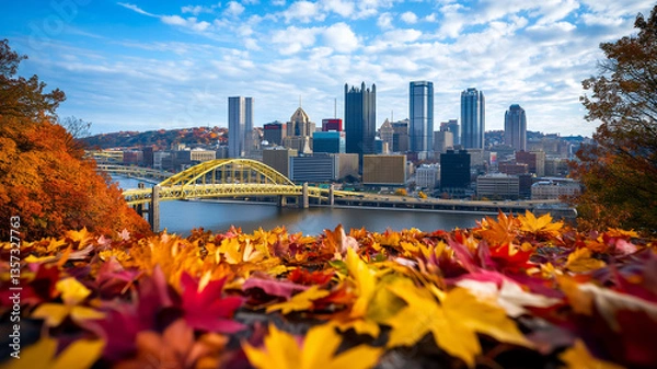 Fototapeta Autumn view of city skyline featuring river and bridge, surrounded by vibrant fall foliage. scene captures beauty of nature and urban life harmoniously