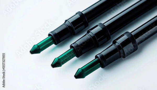 Fototapeta Three black and green sprinkler brushes offer precision for painting, showcasing their tips in perfect alignment. Ideal for artists and hobbyists