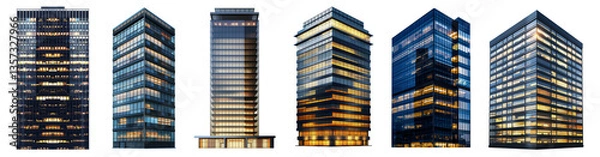 Obraz Collection set of Modern tall office building at night isolated on white and transparent background, cut out png