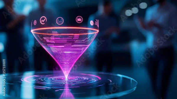 Fototapeta Futuristic virtual hologram of sales funnel with vibrant colors and digital elements, showcasing data analytics and business insights in modern setting