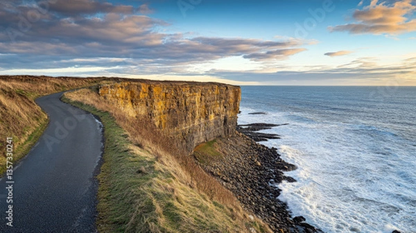 Fototapeta Coastal Cliff Road with Crashing Waves, Space for Copy