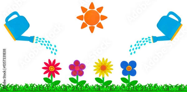 Obraz watering can pouring water on flower on grass made from plasticine on white background