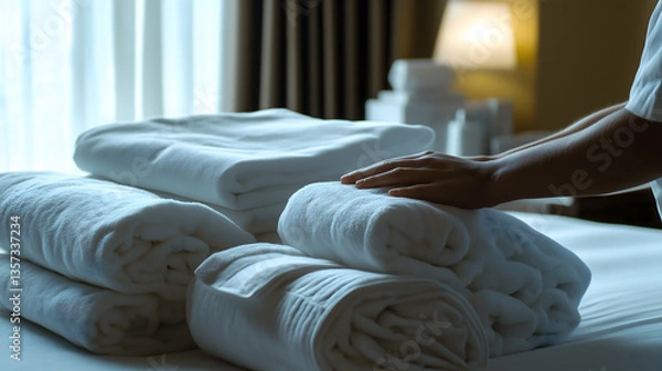 Obraz A hotel housekeeping staff preparing towels for guests who will check in during the weekend in the guest room