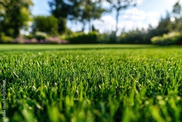 Obraz Lush green lawn close up with blurred trees and blue sky creating a serene and inviting outdoor scene perfect for spring or summer