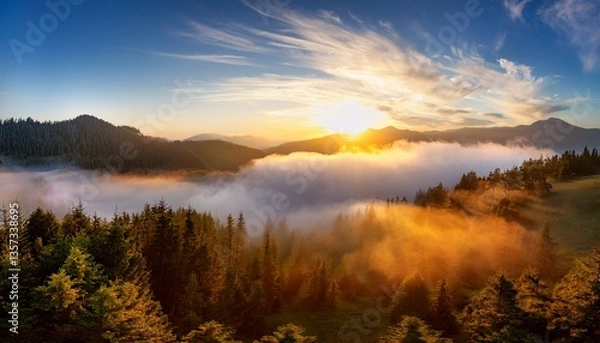 Fototapeta a stunning sunrise over a misty mountain landscape with golden light illuminating rolling clouds the serene atmosphere blends forest silhouettes with soft morning hues creating a breathtaking