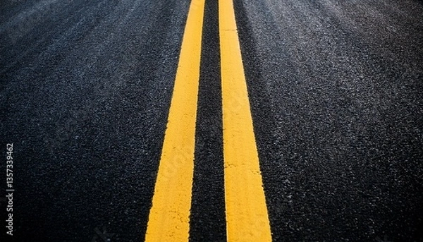Fototapeta the image shows a vivid dark road surface featuring prominent yellow lane lines emphasizing the contrast and clarity typical of roadway designs