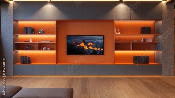 Fototapeta A luxurious modern living room featuring a dynamic orange and gray color palette
