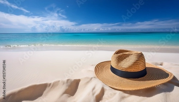 Fototapeta a straw hat lies on soft white sand surrounded by a breathtaking ocean view and bright blue sky capturing a relaxed beach atmosphere