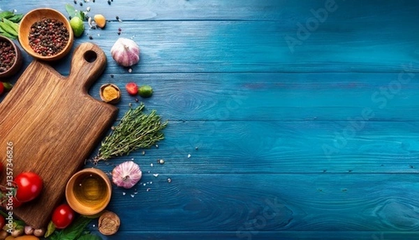 Fototapeta cooking background with cutting board spices herbs and vegetables on a wooden kitchen table top view with copy space