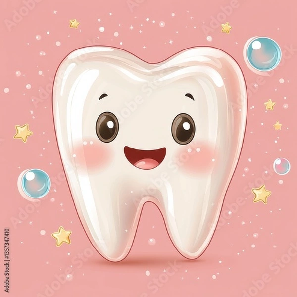 Fototapeta A joyful tooth character with big eyes and a smiling face is set against a soft pink background. Stars and bubbles float nearby, creating a playful atmosphere for children's dental health