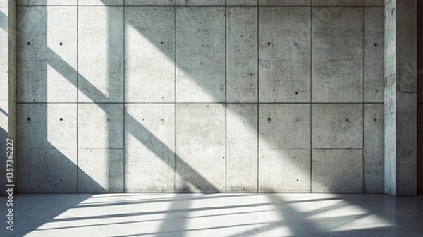Fototapeta Concrete wall with sunlight casting shadows across the surface and floor in an empty room space