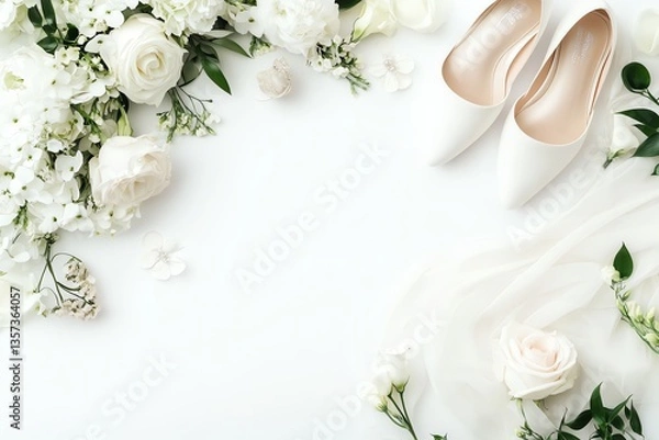 Fototapeta Elegant White Wedding Shoes with Flowers and Fabric on White Background
