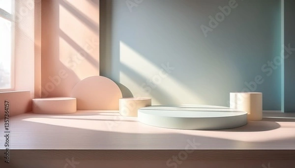 Fototapeta Blank pastel product display backdrop template with lights and shadows from window. Generated image