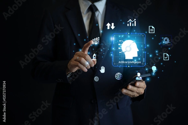 Fototapeta Businessman using generative ai overview for project managers fund invetment and data analysis.