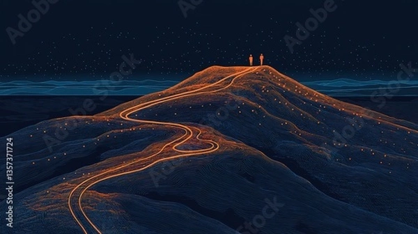 Fototapeta Nighttime mountain landscape in deep blue tones with glowing orange lines tracing paths and two figures standing on the peak, evoking a sense of adventure and exploration.