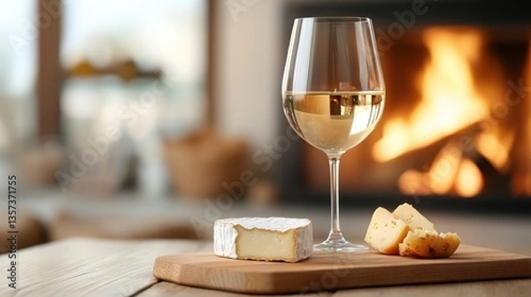 Obraz A cozy winter wine and cheese tasting by a firepl with a glass of red wine and a plate of assorted gourmet cheeses on a rustic wooden board