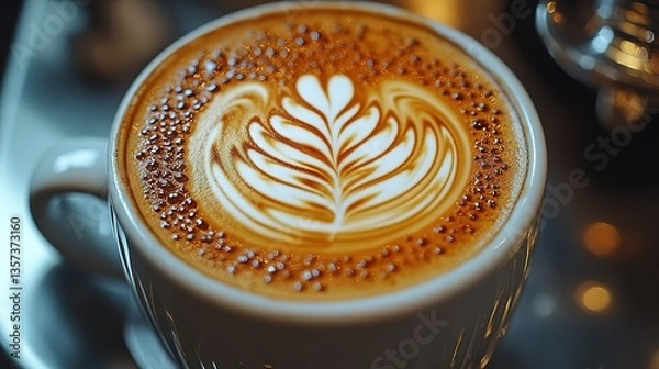 Fototapeta A coffee cup with beautiful latte art and tiny bubbles on the surface, embodying the charm and quality of a well - crafted coffee.