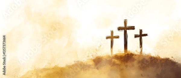 Obraz gold & beige, artistic religious background: 3 crosses standing on the hill, illuminated by warm light; concept of golgotha mountain, calvary, jesus christ sacrifice & resurrection; empty copy space